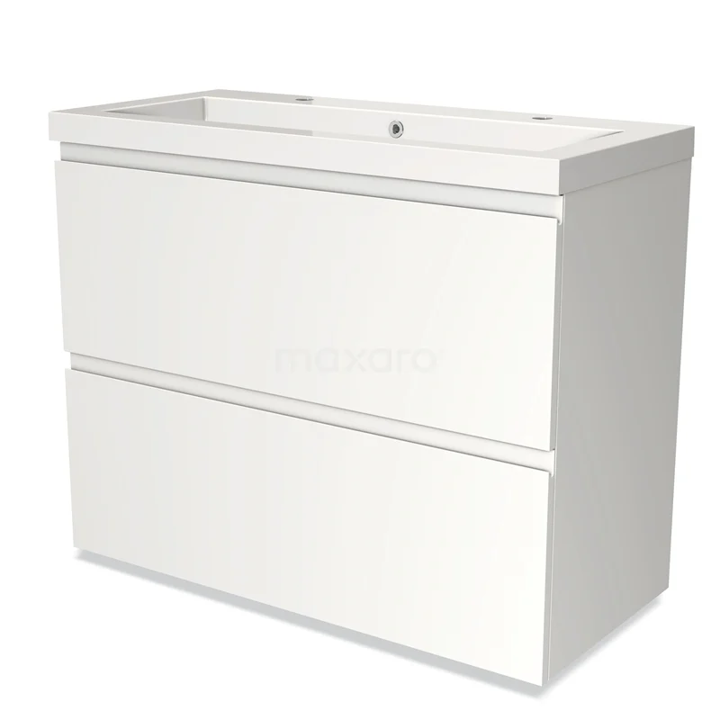 Badmöbel 100cm Modulo Matt Weiß 2 hohe Schubladen Griffloses Waschbecken Mineralguss BMW13-00736 Weißes Badezimmermöbel mit zwei Schubladen, modernes Design, sauber verarbeitet, ideal für optimale Badezimmerlagerung.