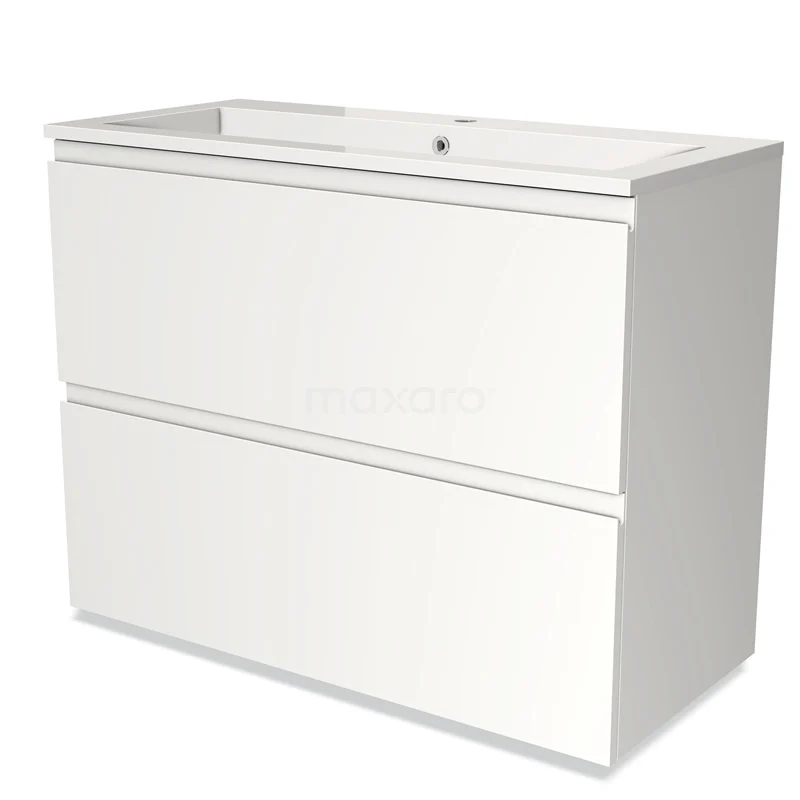 Wit badkamermeubel met twee softclose-lades, modern design, geschikt voor wastafel met kraangat, strak en functioneel.