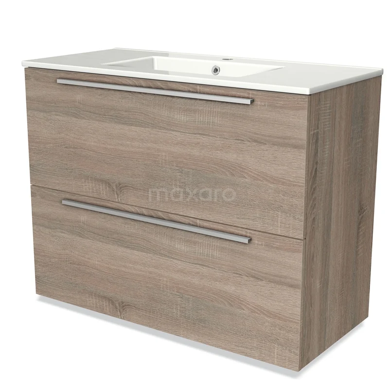 Wooden bathroom unit with two drawers, natural oak look, with integrated white vanity units with basin and metal handles.
