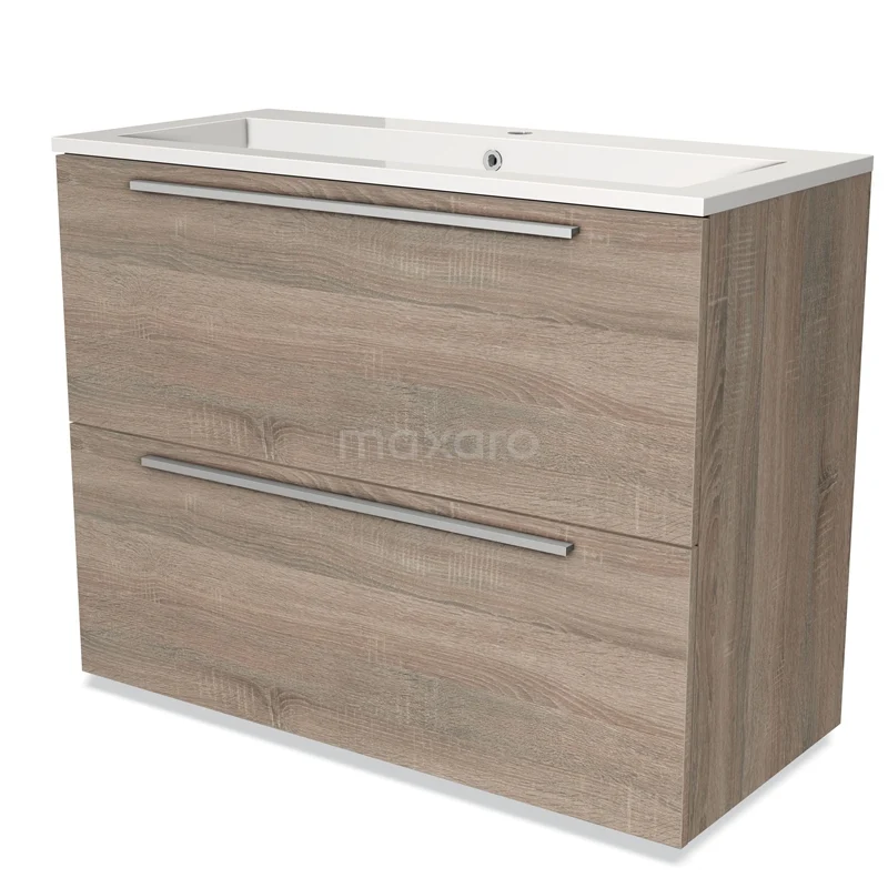 Badmöbel 100cm Modulo Eiche 2 hohe Schubladen Flaches Waschbecken Mineralguss BMW13-00878 Holz Badezimmermöbel mit 2 Schubladen, Waschbecken und metallischen Haltegriffen, moderner Look, ideal für stilvolle Badezimmerlagerung.