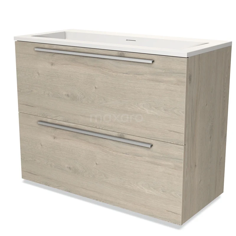 Bathroom unit wood-look with two drawers, wide metal handles and ceramic basin, ideal for any modern bathroom.