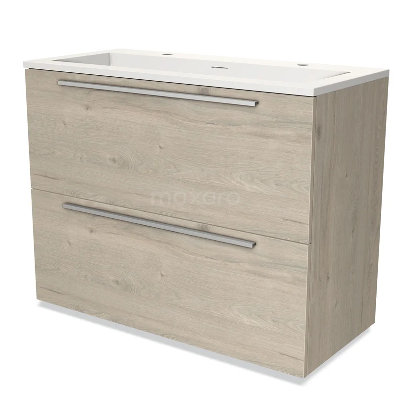 Oak bathroom unit with two drawers, aluminium handles and white basin worktop, ideal for modern bathroom design.