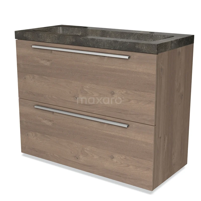 Houten badkamermeubel met twee lades, licht eiken kleur en donkergrijs stenen blad, modern en strak design.