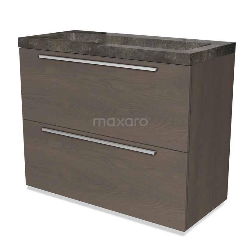 Badmöbel 100cm Modulo dunkelbraune Eiche 2 hohe Schubladen Flaches Waschbecken Naturstein Blaustein BMW13-01043 Holz-Waschtisch dunkel Eiche mit 2 Schubladen und grauem Naturstein Platte, ideal für eine stilvolle Badezimmer Einrichtung.