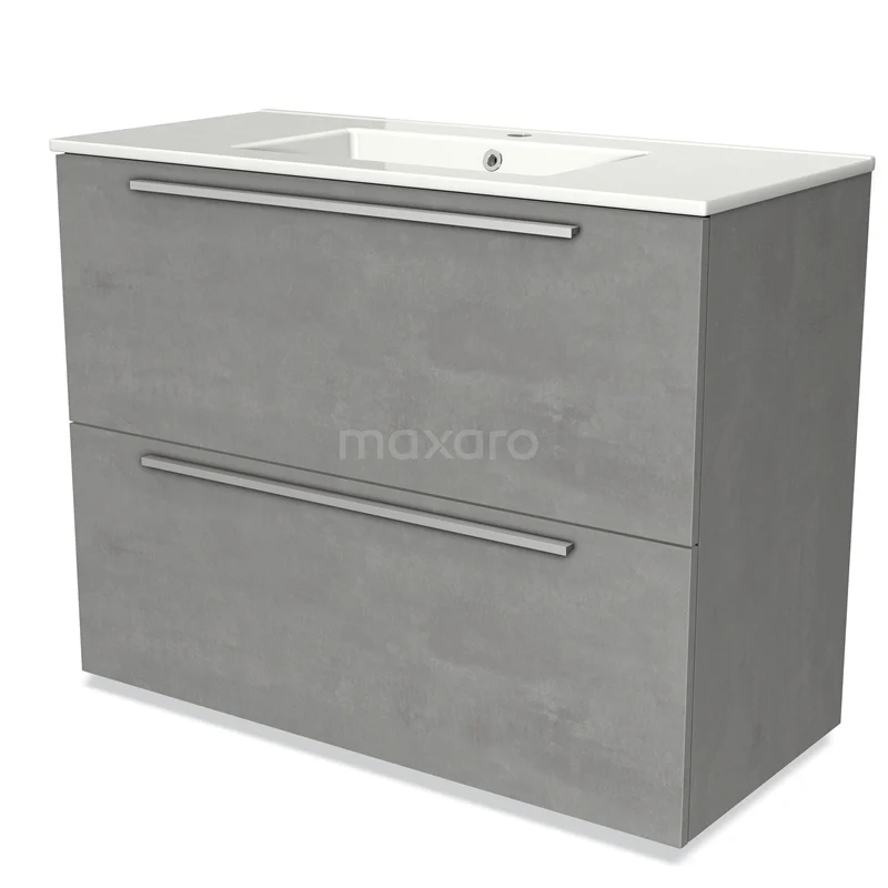 Grijs badkamermeubel met betonlook, twee lades en ingebouwde wastafel, modern design, ideaal voor stijlvolle badkamers.
