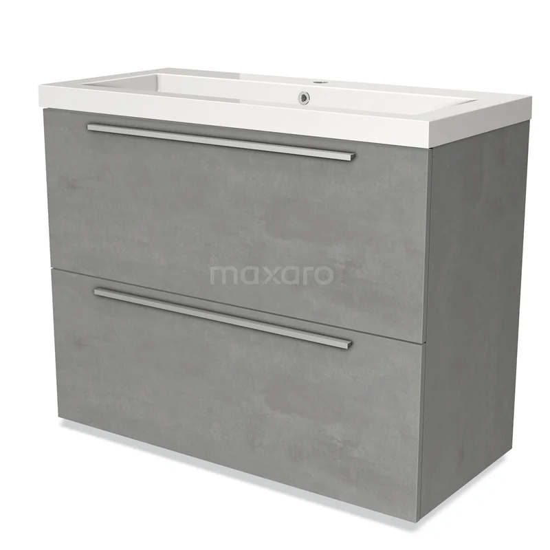 Grijze badkamermeubelset met twee lades, modern betonlook design, chrome handgrepen en witte wastafel geïntegreerd bovenop.