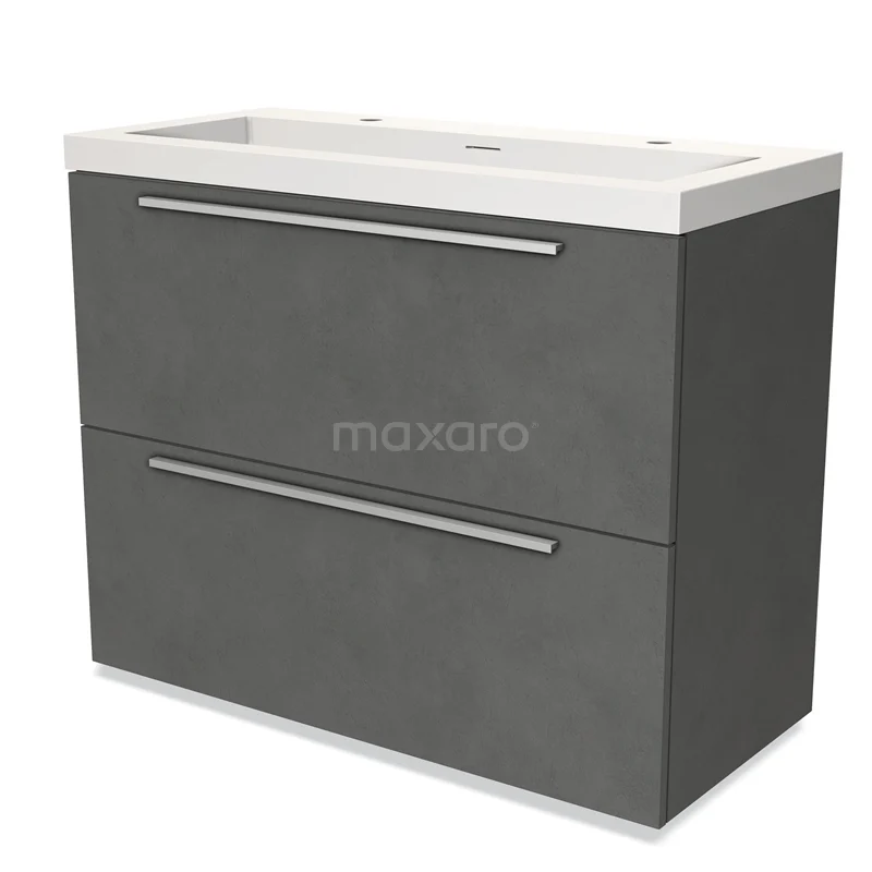 Grijze badkamerkast met twee lades, modern design, voorzien van een witte wastafel, ideaal voor stijlvolle badkamers.