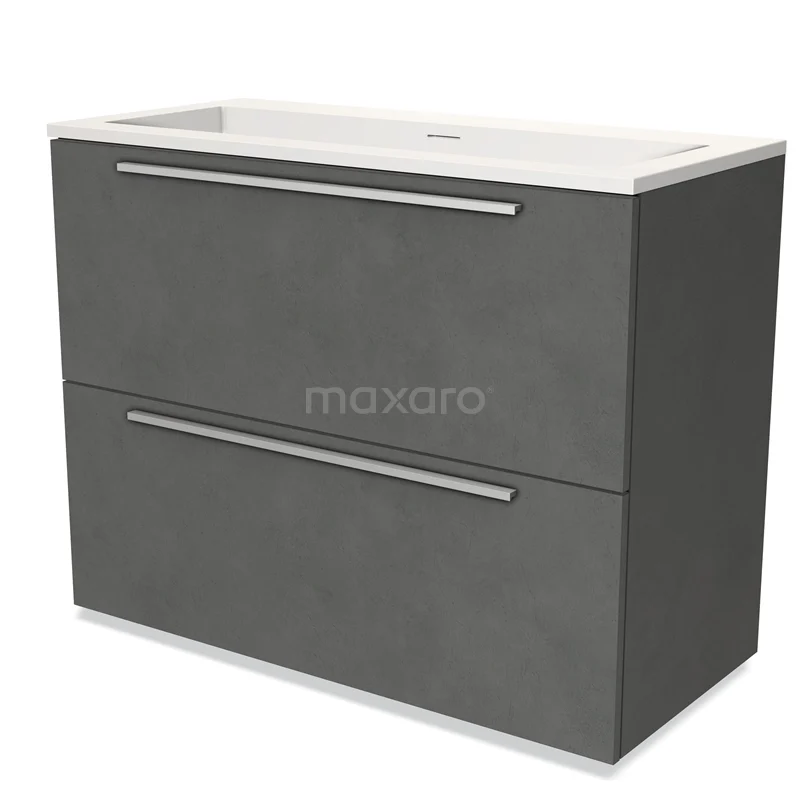 Grijze badkamermeubelset met betonlook, twee laden en geïntegreerde witte wastafel voor moderne badkamers.