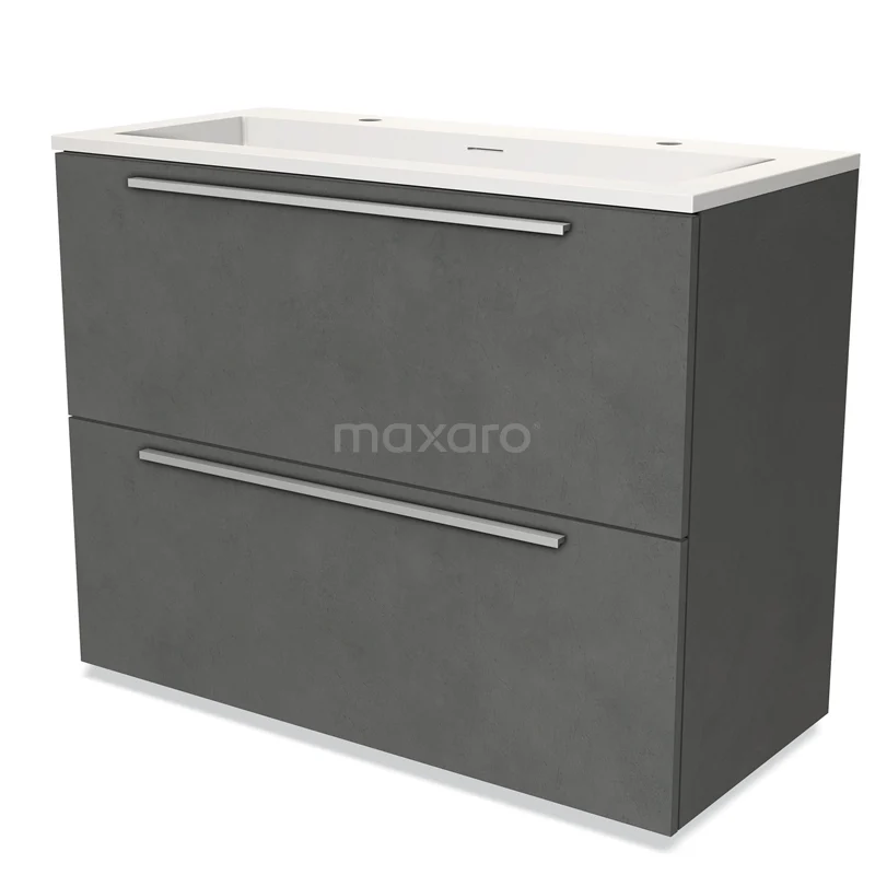 Grijs badkamermeubel met twee lades, minimalistisch design en keramische wastafel, ideaal voor moderne badkameropslag.