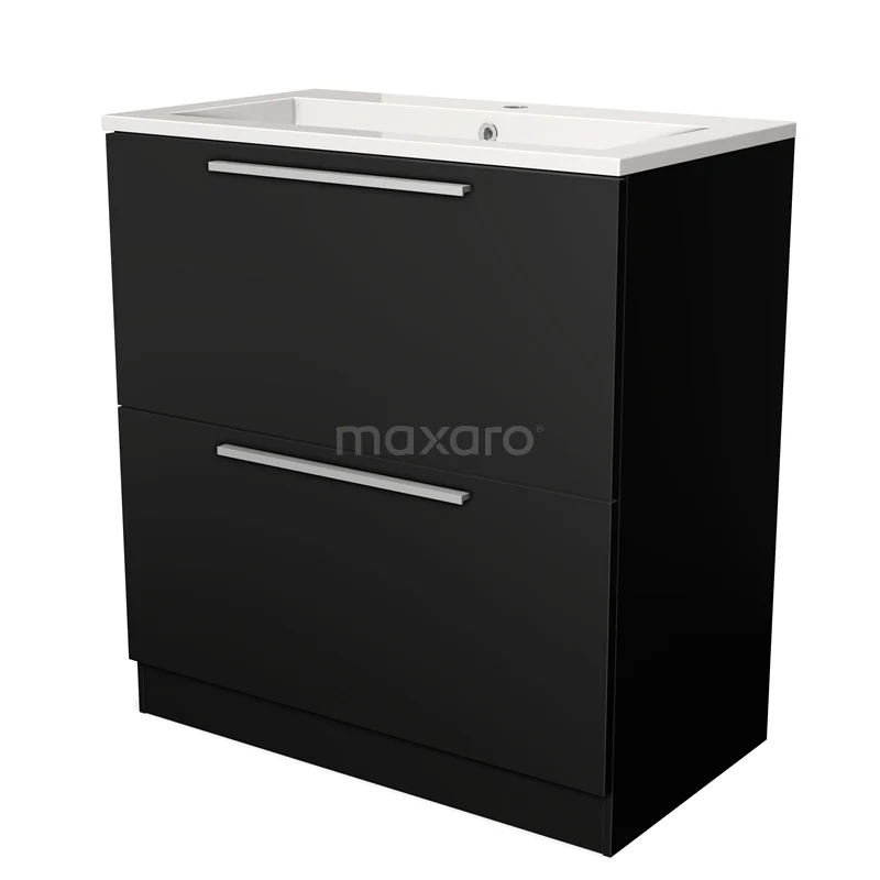 Zwarte badkamerkast met 2 lades, modern design en wit wastafelblad, ideaal voor een stijlvolle en functionele badkamer.