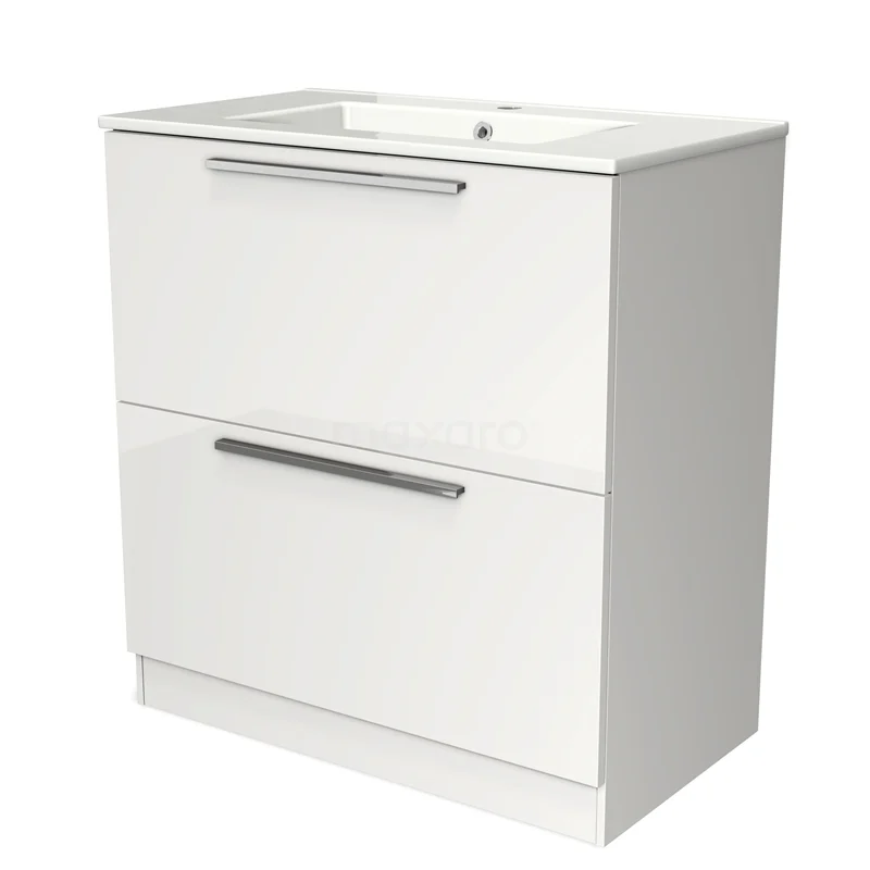 Wit badkamermeubel met twee lades, glanzende afwerking en metalen handgrepen, ideaal voor moderne badkamerruimtes.