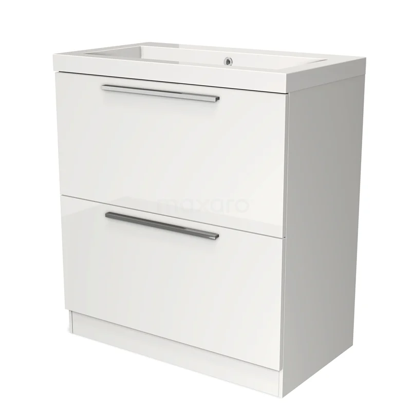 Wit badkamermeubel met twee lades, strakke handgrepen en keramische wastafel, perfect voor moderne badkamerinrichting.
