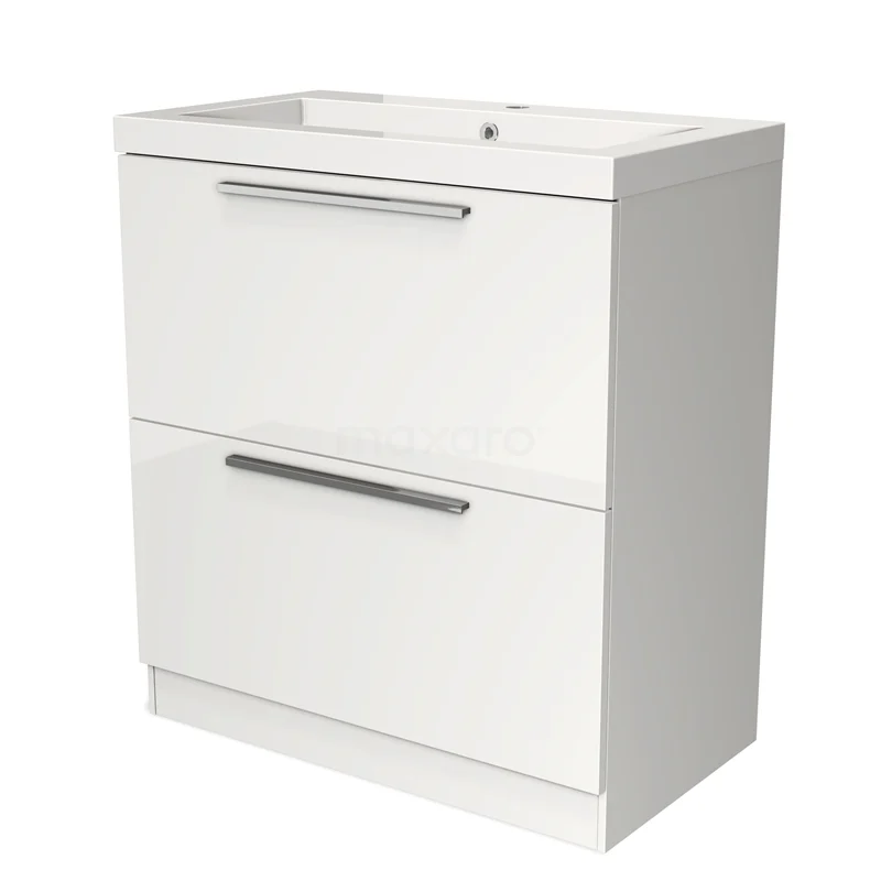 Wit badkamermeubel met twee lades, slanke metalen handgrepen en geïntegreerde wastafel; moderne en functionele vormgeving.