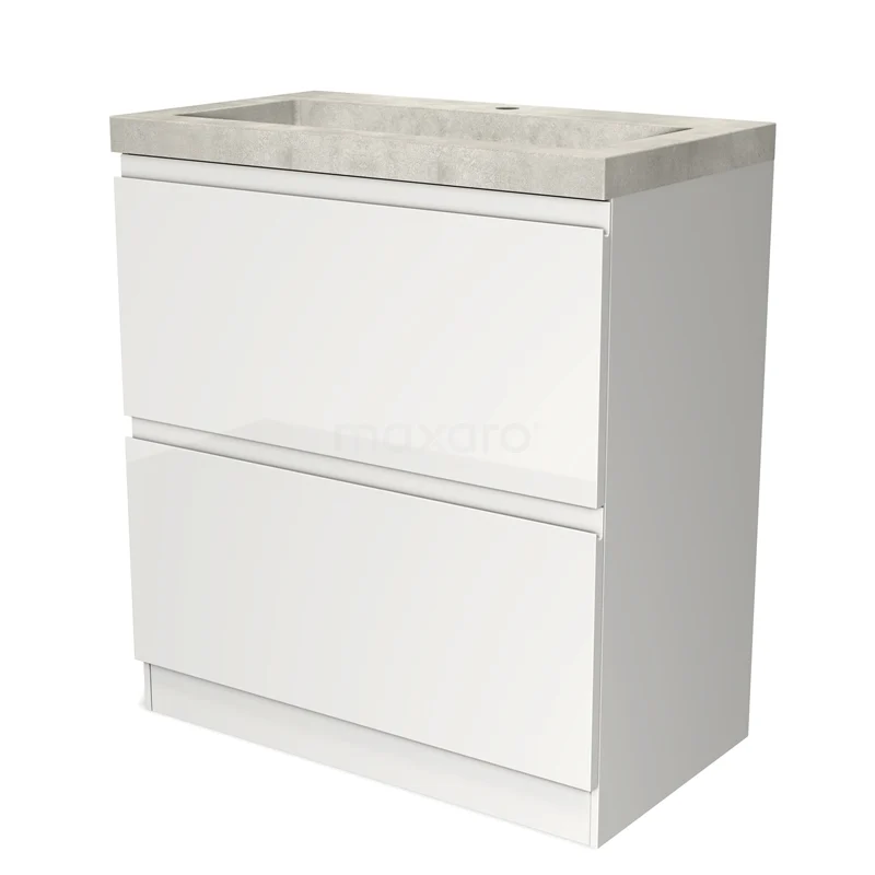 Badmöbel 80cm Modulo Hochglanz Weiß 2 hohe Schubladen Griffloses Waschbecken Beton BMW13S-00091 Weiße Badmöbel mit zwei Schubladen und einer Beton-Waschtischplatte, schlichtes Design für moderne Bäder.