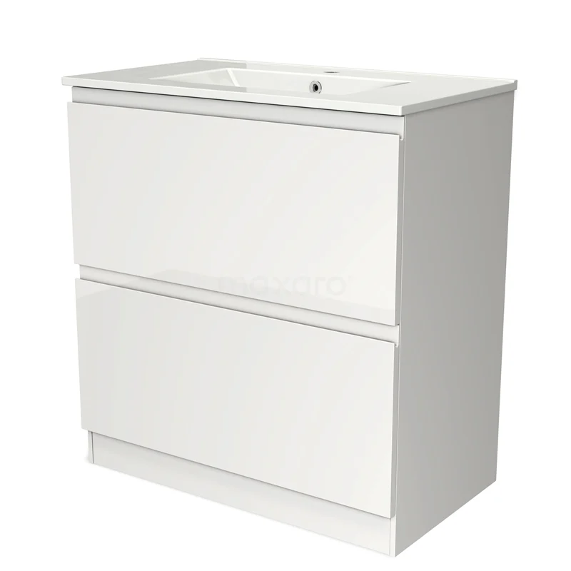 Badmöbel 80cm Modulo Hochglanz Weiß 2 hohe Schubladen Griffloses Waschbecken Keramik BMW13S-00093 Weißes Badezimmermöbel mit zwei Schubladen, schlankes Design, ausgestattet mit integriertem Waschbecken; ideal für moderne Bäder.