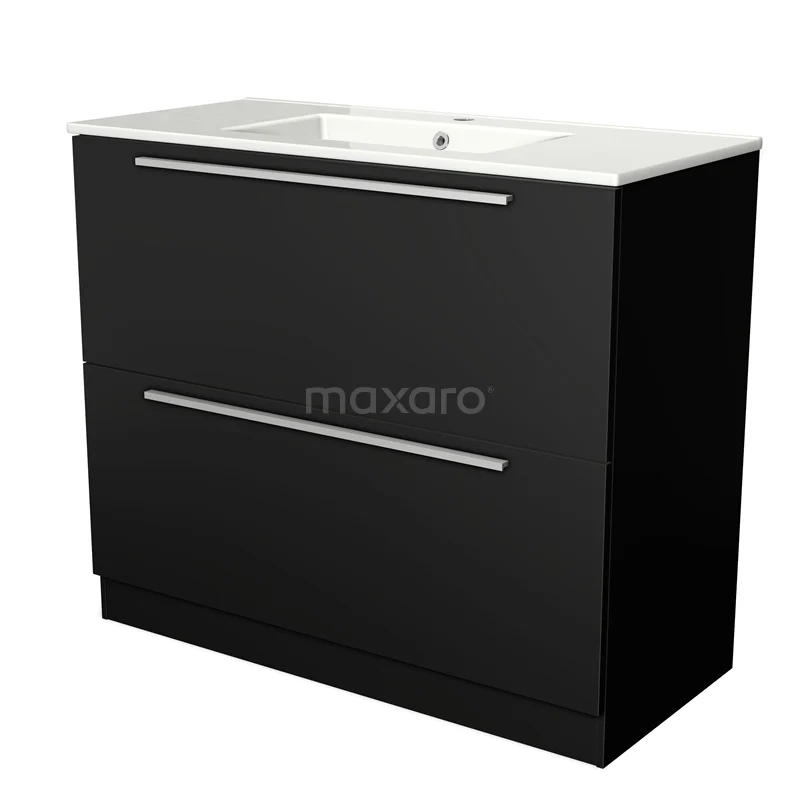 Black metal bathroom cabinet with two drawers, shiny metal handles and ceramic basin, ideal for modern bathrooms.