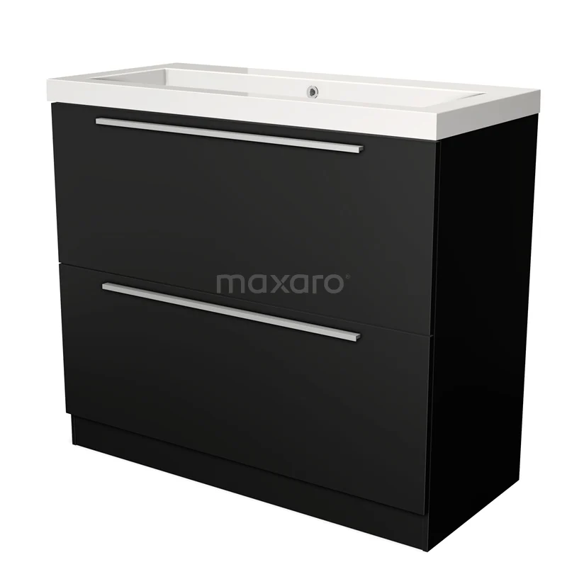 Zwarte badkamermeubelset met twee lades, strakke RVS handgrepen en geïntegreerde keramische wastafel, modern design.