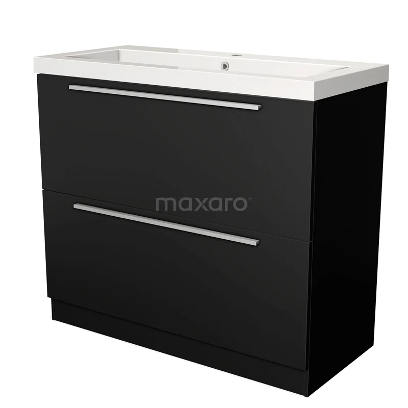Zwarte badkamermeubelset met tweeladige kast, strak design en wit wastafelblad van keramiek, ideaal voor moderne badkamers.