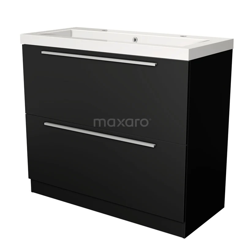 Zwarte wastafelonderkast met twee lades, moderne handgrepen en witte keramische wastafel, ideaal voor een luxe badkamer.