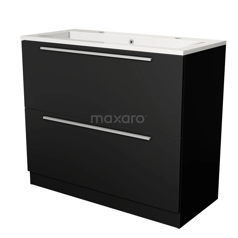 Zwarte badkamermeubelset met twee lades, chromen handgrepen en keramische wastafel, strak en modern design.