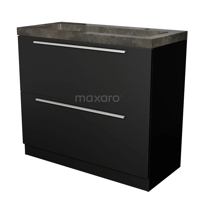Badmöbel 100cm Modulo Matt Schwarz 2 hohe Schubladen Stehendes Waschbecken Naturstein Blue Stone BMW13S-00139 Schwarzes Badmöbel mit zwei Schubladen, Betonlook Waschtischplatte, modernes Design, ideal für stilvolle Badezimmeraufbewahrungslösungen.