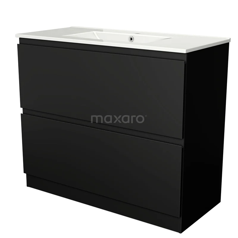 Zwarte wastafelmeubel met twee lades, modern design, inclusief witte keramische wastafel; perfect voor een stijlvolle badkamer.