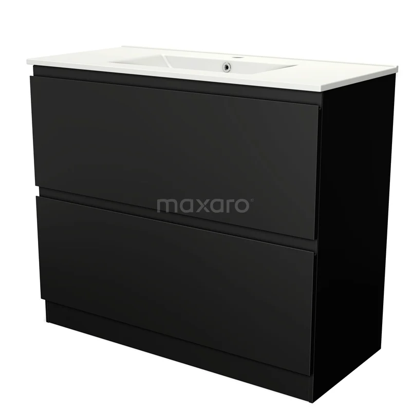 Zwart badkamermeubel met twee lades, rechthoekige keramische wastafel en strakke afwerking; ideaal voor moderne badkamers.
