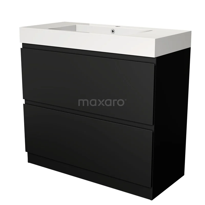 Zwart badkamermeubel met twee lades en een witte keramische wasbak, modern design geschikt voor elke badkamerstijl.