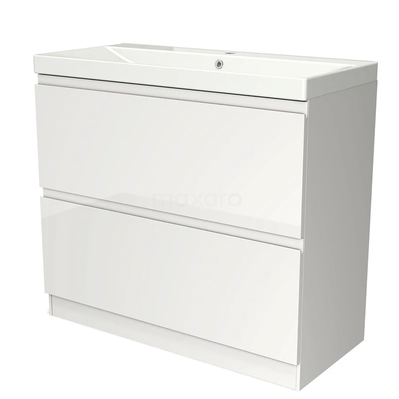 Badmöbel 100cm Modulo Hochglanz Weiß 2 hohe Schubladen Griffloses Waschbecken Keramik BMW13S-00244 Weiße Badmöbel mit zwei Schubladen, modernes Design aus hochglanz MDF und integriertem Waschbecken, ideal für kompakte Bäder.