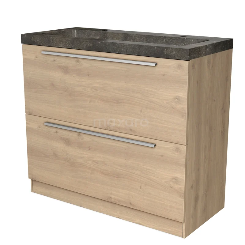 Houten badkamermeubel met twee lades, natuursteen look wastafel en metalen grepen; ideaal voor moderne badkamerinrichting.