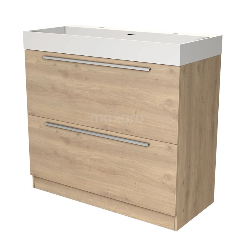 Houten badkamermeubel met keramische wastafel, 2 lades en RVS handgrepen, ideaal voor moderne badkameropslag.