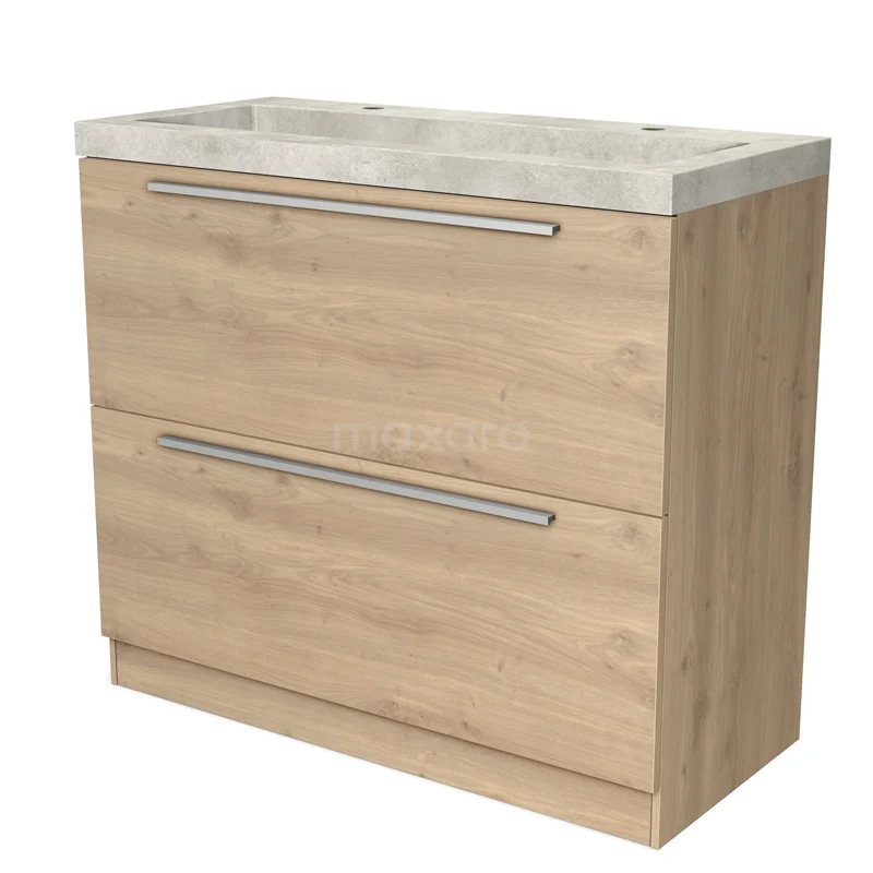 Houten badkamermeubel met marmeren wastafel, twee lades en metalen grepen; modern design voor een stijlvolle badkamer.