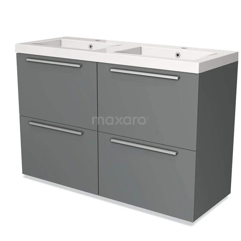 Grey double vanity unit with four drawers, modern design, ideal for bathroom storage and organised use.