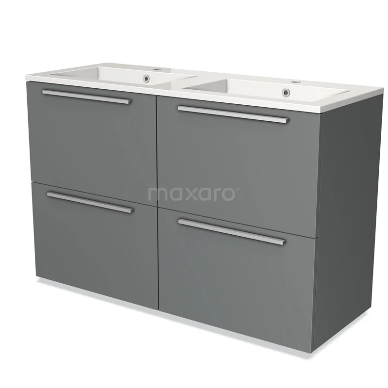Grey double vanity unit with four drawers, modern design, ideal for a sleek bathroom design.