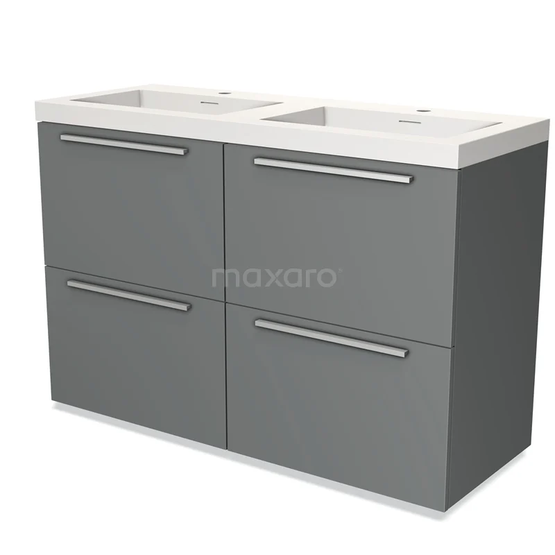 Grey double basin with four drawers, modern design, ideal for bathroom storage, made of durable materials.