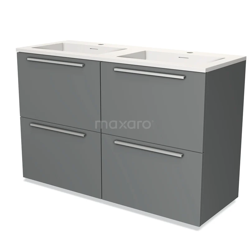 Grey double basin set with four drawers, modern design, ideal for stylish bathroom storage.