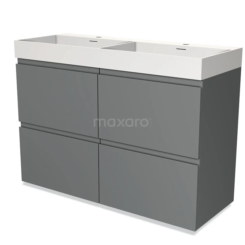 Grey bathroom furniture set with four drawers and double basin, modern design, ideal for stylish bathroom storage.