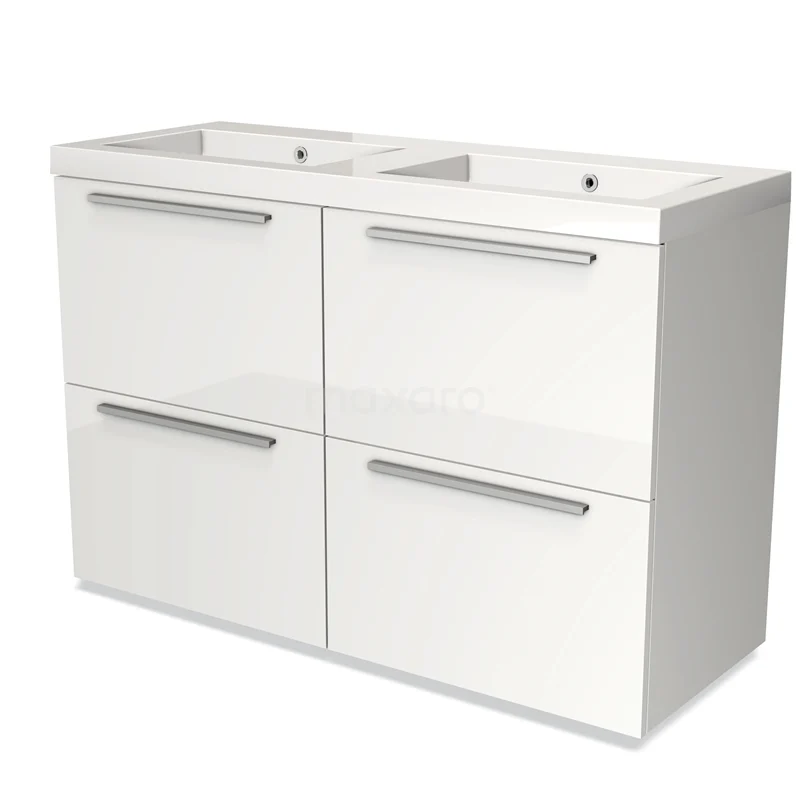 Wit dubbel badkamermeubel met moderne lades, geïntegreerde keramische wastafel en strak ontwerp, ideaal voor ruime badkamers.