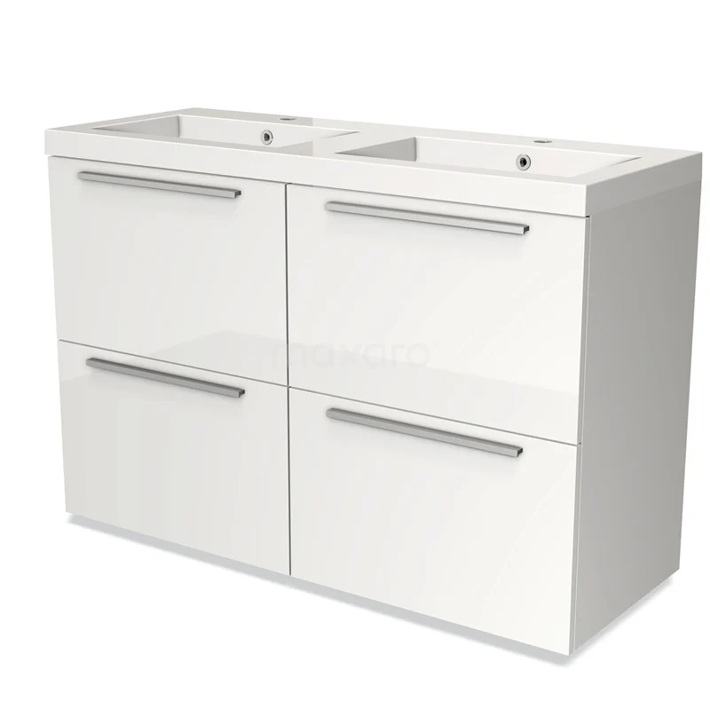 Wit badkamermeubel met dubbele wastafel, vier lades en strakke handgrepen, ideaal voor moderne badkamerinrichtingen.