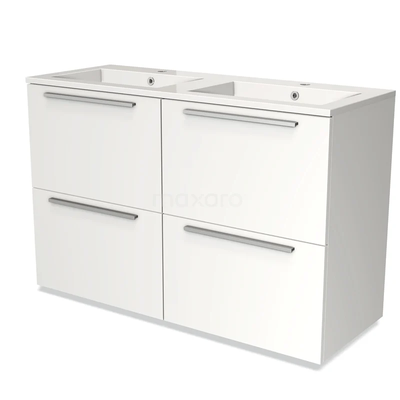Badmöbel 120cm Modulo Matt Weiß 4 hohe Schubladen Flaches Waschbecken Mineralguss BMW14-00130 Weißes Badezimmermöbel mit Doppelwaschbecken, vier grifflose Schubladen und schickem Design, ideal für modern eingerichtete Bäder.