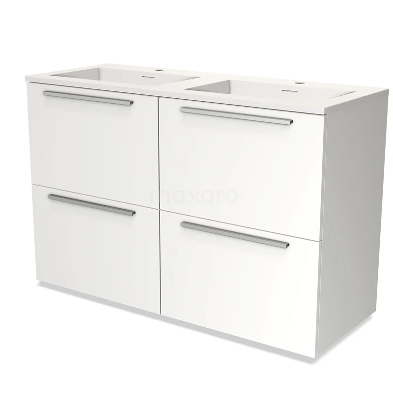 Badmöbel 120cm Modulo Matt Weiß 4 hohe Schubladen Flaches Waschbecken Solid Surface BMW14-00132 Weißes Holz-Badmöbel mit Doppelwaschbecken, vier Schubladen und eleganten chromfarbenen Haltegriffen für moderne Bäder.
