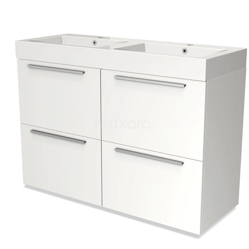 Badmöbel 120cm Modulo Matt Weiß 4 hohe Schubladen Flaches Waschbecken Mineralguss BMW14-00139 Weißes Badezimmermöbel mit Doppelwaschbecken, vier Schubladen und schlichten Metallhaltegriffen, perfekt für moderne Bäder.