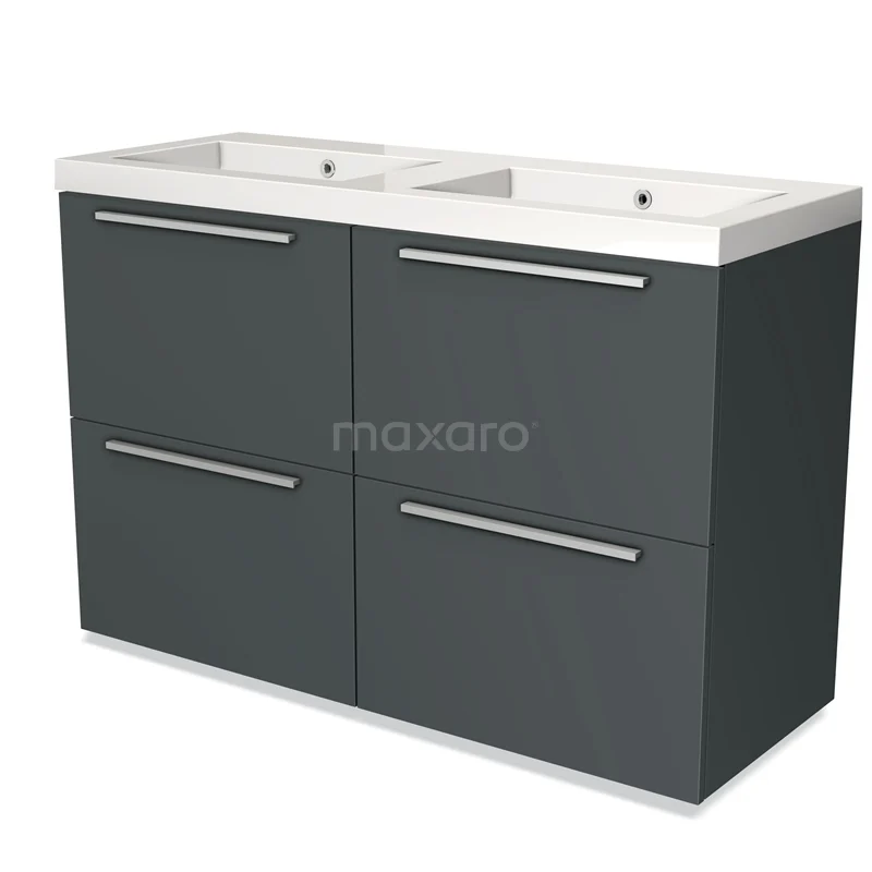 Dubbel badmeubel, antraciet, vier lades met chromen grepen, keramische wastafels; stijlvol en praktisch voor elke badkamer.