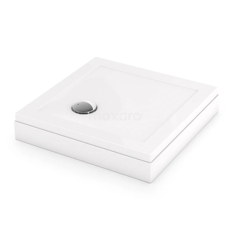 Vierkante witte douchebak van keramiek met geïntegreerde afvoer, ideaal voor een moderne badkamer inrichting.
