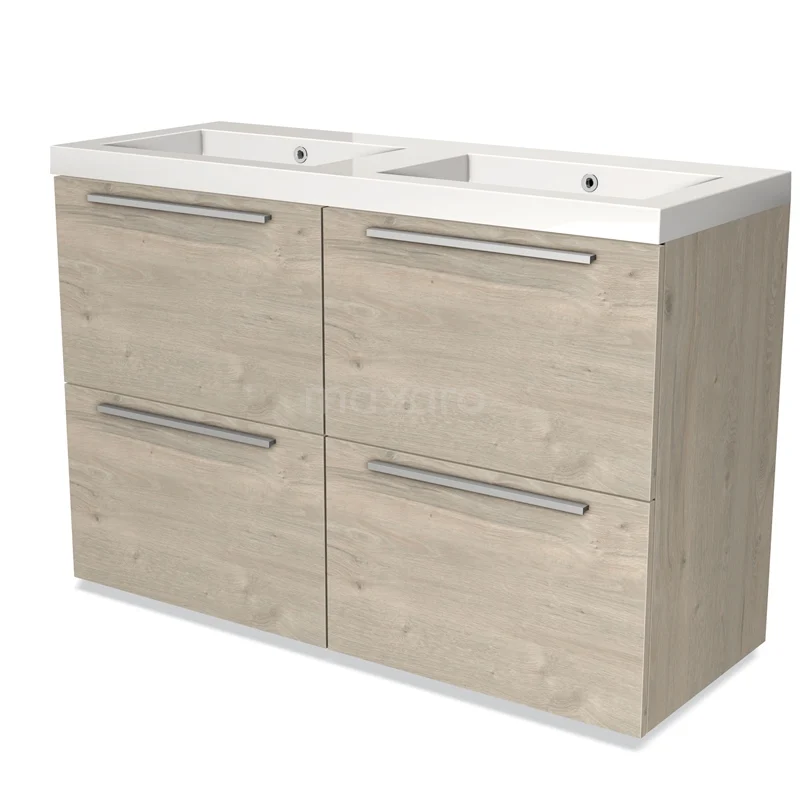 Houten badkamermeubel met twee wastafels, licht eiken afwerking en vier lades, ideaal voor een moderne badkamerinrichting.