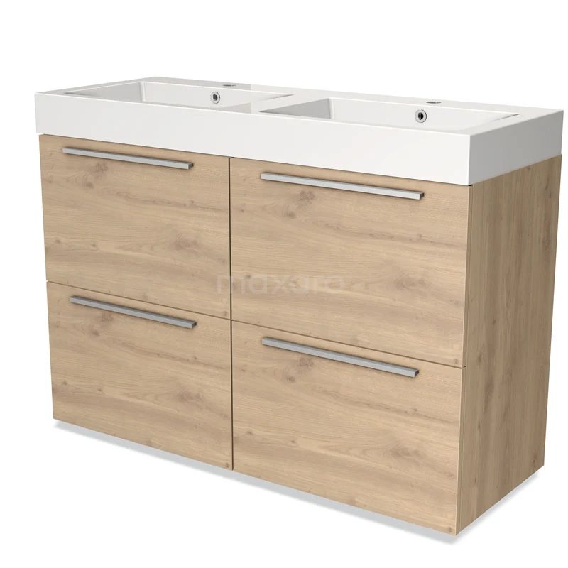 Houten badmeubel met dubbele wastafel, licht eiken afwerking en zilverkleurige handgrepen, ideaal voor moderne badkamers.