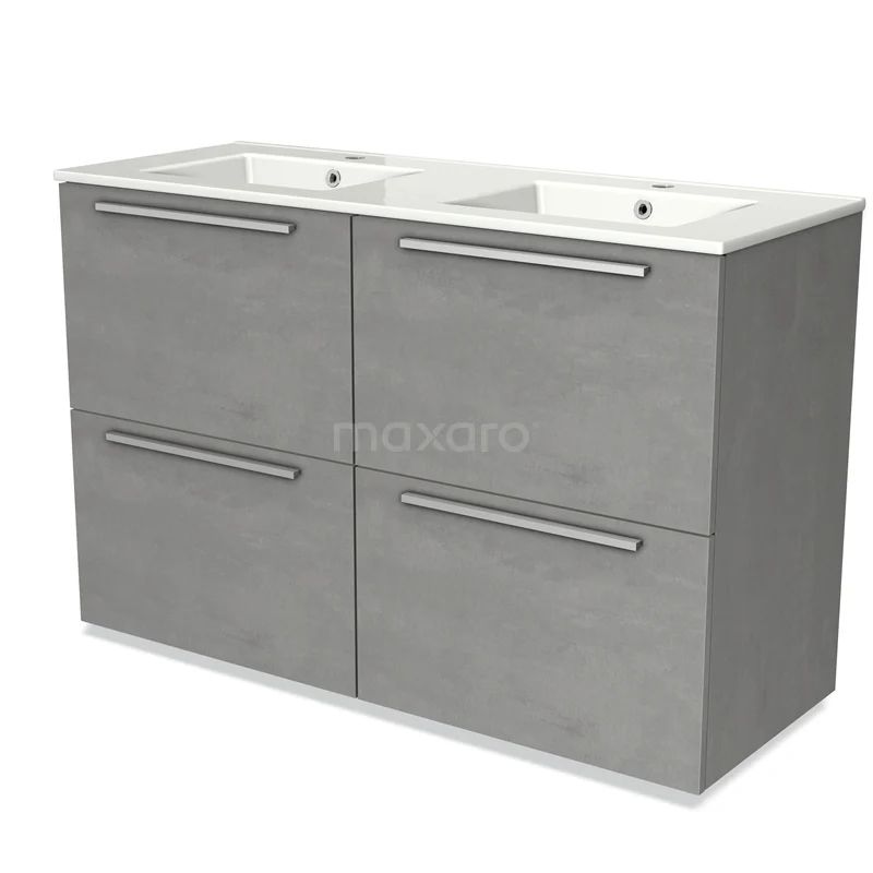 Modulo Bathroom furniture with sink | 120 cm Light grey concrete Flat front Ceramic 4 high drawers BMW14-00421 Grey bathroom furniture set with double basin, sleek design, concrete look and four soft-close drawers.