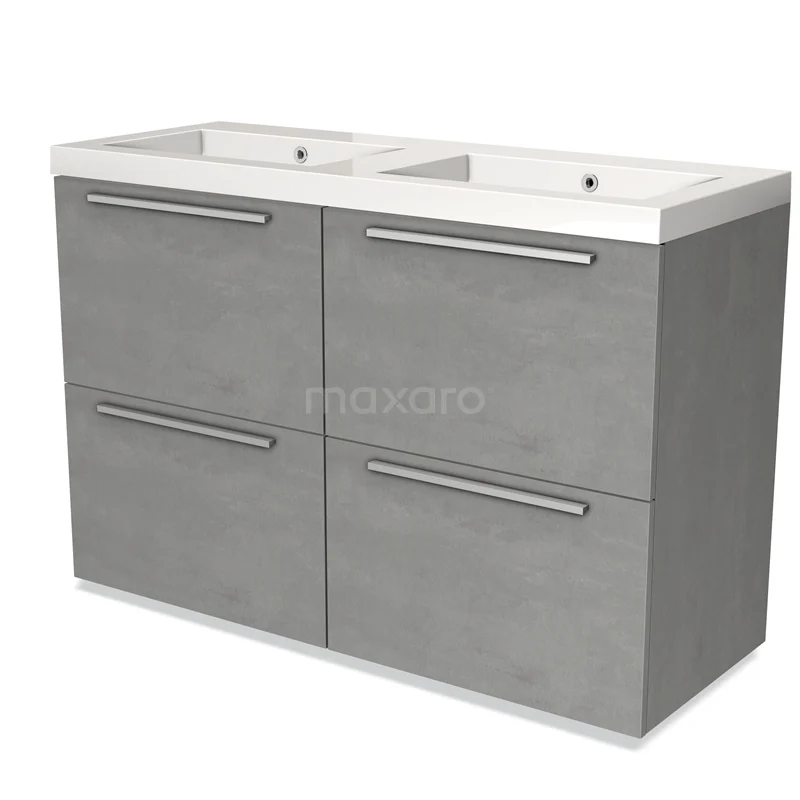 Modulo Bathroom furniture with sink | 120 cm Light grey concrete Flat front Mineral marble 4 high drawers BMW14-00422 Double grey vanity unit with four drawers, sleek handles and a modern design, perfect for the bathroom.