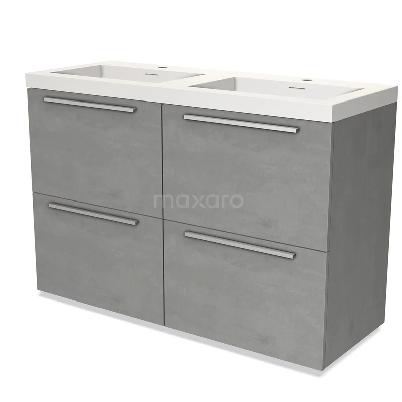 Badmöbel 120cm Modulo hellgrauer Beton 4 hohe Schubladen Flaches Waschbecken Solid Surface BMW14-00425 Graues Doppelwaschbeckenmöbel, vier Schubladen, modernes Design und Betonlook, ideal für moderne Bäder.