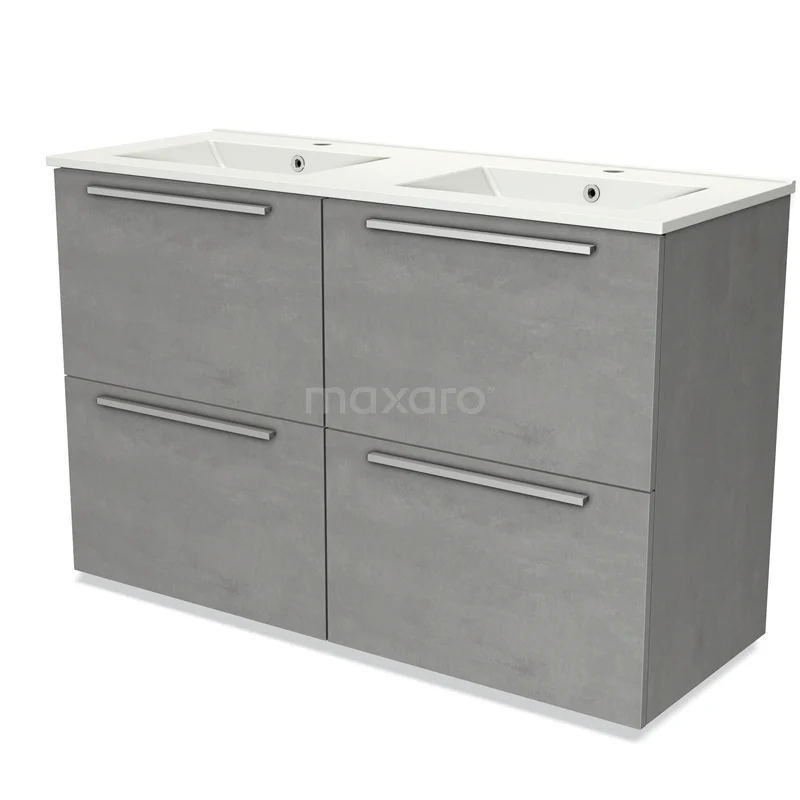 Grijze dubbele wastafelkast met vier lades en metalen handgrepen, ideaal als moderne badkamermeubel.
